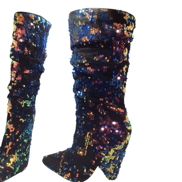 Bamboo Immerse Womens Sequin Velvet Boots Size 7.5 Multicolor Slouchy Block Heel - Picture 5 of 12